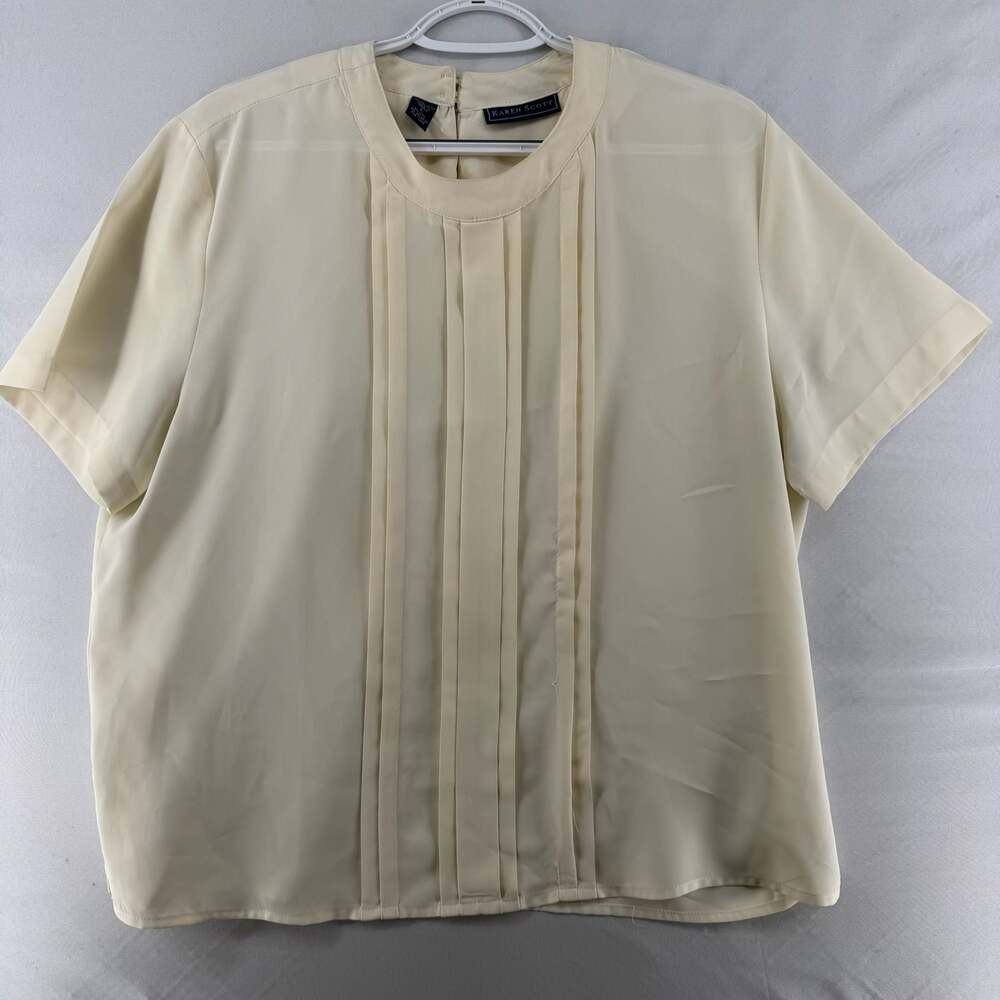1356 Large Karen Scott Women's Cream Ivory Pleated Front Short Sleeve Blouse